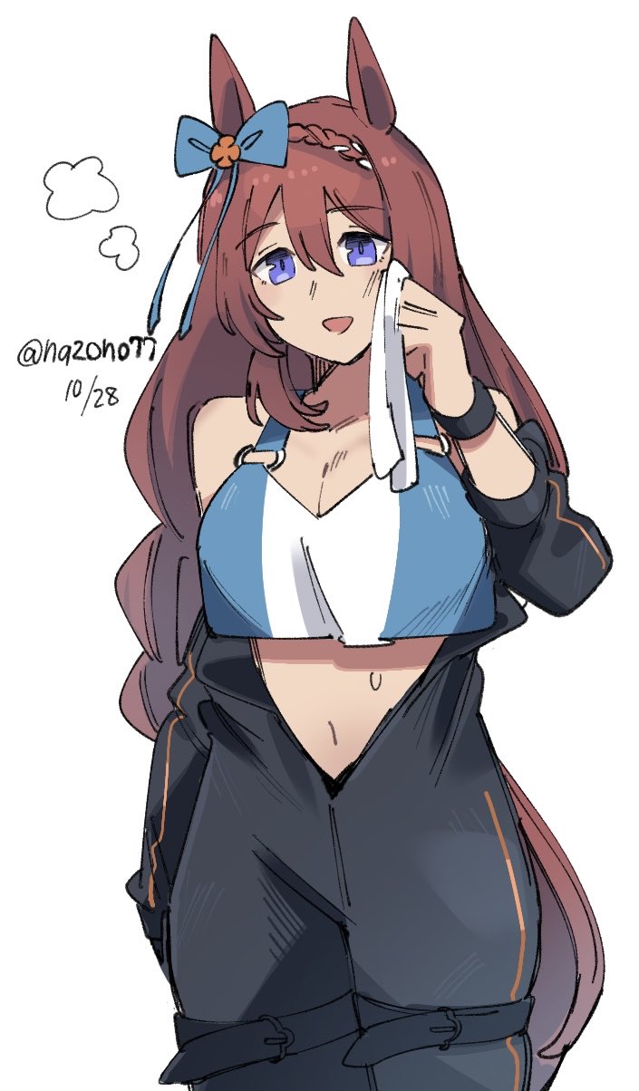 nazono77, super creek (umamusume), umamusume, umamusume: cinderella gray, highres, 1girl, animal ears, blue eyes, blush, bow, braid, braided ponytail, breasts, brown hair, ear bow, ear ornament, ear ribbon, hair between eyes, horse ears, horse girl, horse tail, large breasts, long hair, low-tied long hair, multicolored hair, open mouth, smile, solo, streaked hair, tail, very long hair, white hair