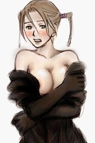 robin sena, witch hunter robin, artist request, lowres, 00s, 1girl, black dress, black gloves, blonde hair, blush, breasts, collarbone, covering breasts, covering privates, dress, embarrassed, female focus, gloves, green eyes, large breasts, looking at viewer, open mouth, ponytail, side ponytail, solo, undressing, upper body, white background