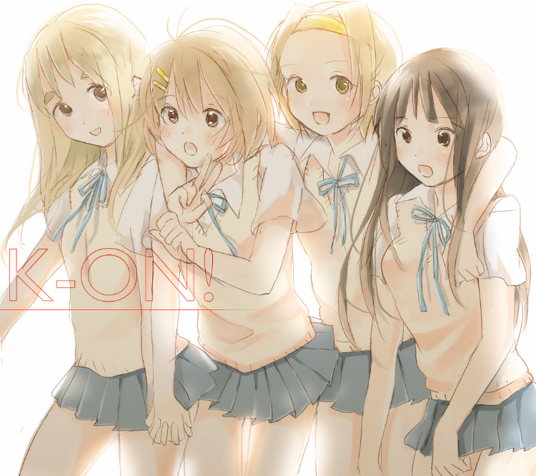 yoshioka mitsuko, akiyama mio, hirasawa yui, kotobuki tsumugi, tainaka ritsu, k-on!, bad id, bad pixiv id, 00s, 4girls, black hair, blonde hair, blue eyes, brown eyes, ho-kago tea time, long hair, multiple girls, school uniform, short hair, v, vest