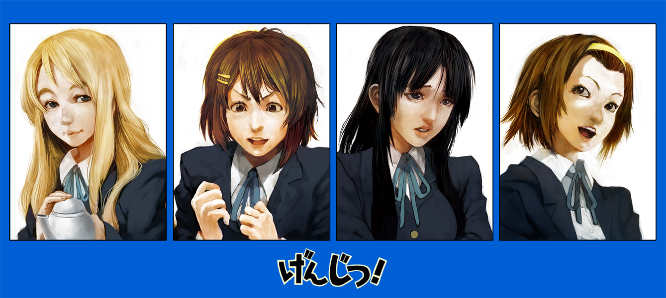 lack, akiyama mio, hirasawa yui, kotobuki tsumugi, tainaka ritsu, k-on!, 00s, 4girls, black hair, blonde hair, brown hair, ho-kago tea time, long hair, multiple girls, realistic, school uniform, short hair