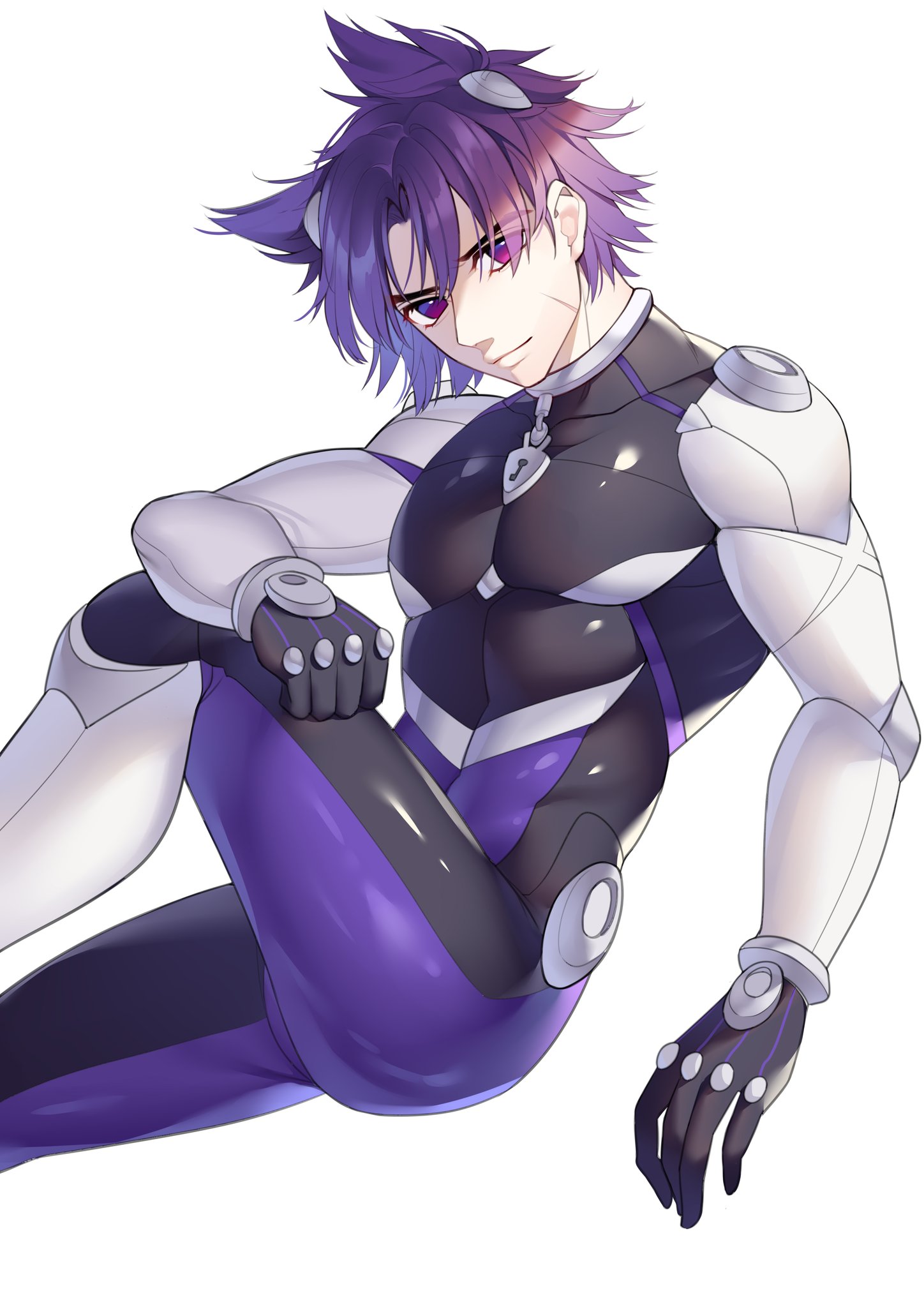may (2747513627), yukimura yoichi, camp buddy, bad id, bad twitter id, highres, tagme, 1boy, collar, facial scar, muscular, muscular male, pectorals, purple eyes, purple hair, scar, scar on cheek, scar on face, solo, spacesuit, thick thighs, thighs, white background