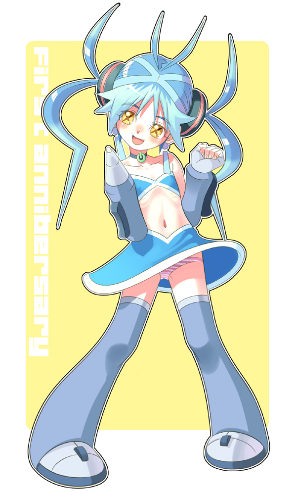 pairan, pixiv-tan, pixiv, bad id, bad pixiv id, 1girl, blue eyes, female focus, flat chest, midriff, navel, panties, pantyshot, solo, striped clothes, striped panties, underwear, yellow eyes