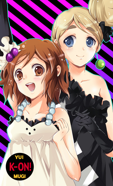 gen (enji), hirasawa yui, kotobuki tsumugi, don't say "lazy", k-on!, bad id, bad pixiv id, 00s, 2girls, blonde hair, blue eyes, brown eyes, brown hair, dress, fingerless gloves, gloves, hair bun, multiple girls, single hair bun