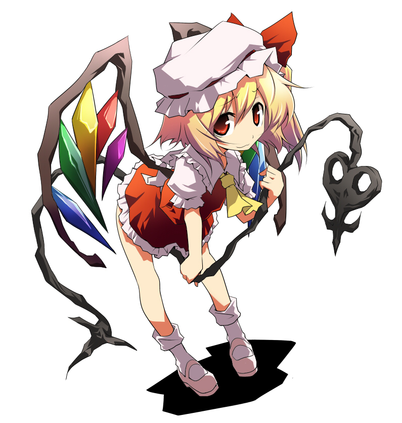 hermmy, flandre scarlet, touhou, 1girl, bent over, blonde hair, blouse, collared shirt, female focus, hair between eyes, hat, mob cap, red eyes, red shoes, ribbon, shirt, shoes, short hair, simple background, solo, standing, white background, white hat, white shirt, wings