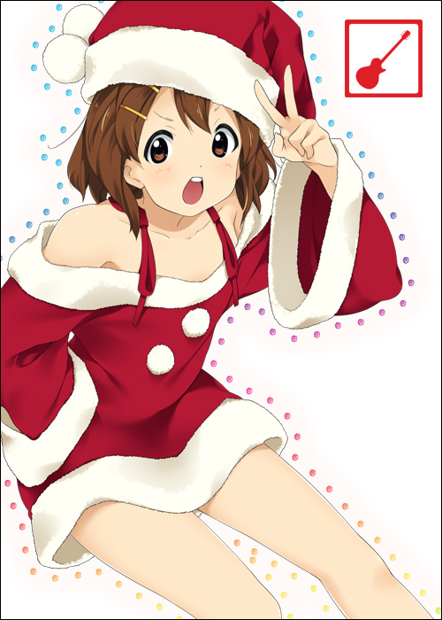 mizuki makoto, hirasawa yui, k-on!, 00s, 1girl, brown eyes, brown hair, female focus, gibson les paul, hair ornament, hairclip, hat, santa costume, santa hat, solo, v, white background