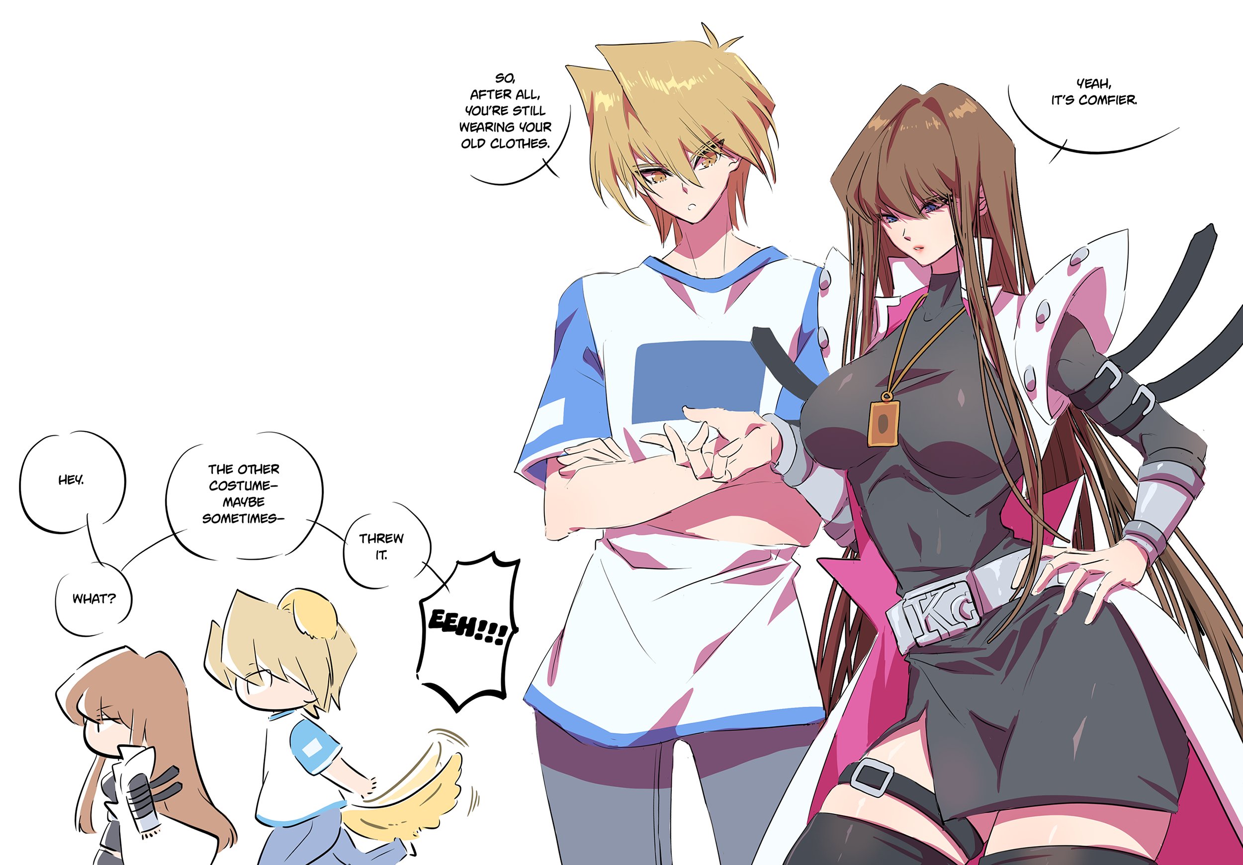 zackpyo, jonouchi katsuya, kaiba seto, yu-gi-oh!, yu-gi-oh! duel monsters, highres, 1boy, 1girl, black dress, blonde hair, blue pants, breasts, brown eyes, brown hair, card pendant, coat, cowboy shot, denim, dress, genderswap, genderswap (mtf), large breasts, long hair, open clothes, open coat, pants, shirt, simple background, white background, white coat, white shirt, yellow eyes