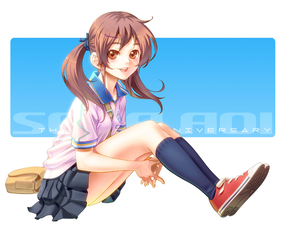 pairan, aoi sora (pairan), original, bad id, bad pixiv id, 1girl, brown eyes, brown hair, female focus, legs, open mouth, school uniform, serafuku, sitting, skirt, solo, teeth, twintails