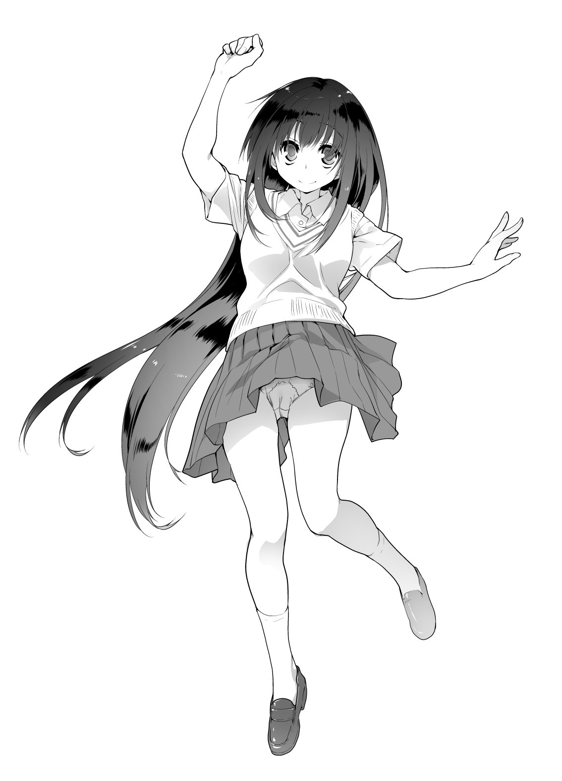 midori no ruupe, original, commentary request, highres, 1girl, arms up, blue eyes, breasts, clenched hand, closed mouth, clothes lift, collared shirt, full body, greyscale, large breasts, leg up, loafers, long hair, long sidelocks, looking at viewer, monochrome, open hand, panties, pleated skirt, school uniform, shirt, shoes, short sleeves, sidelocks, simple background, skirt, skirt lift, smile, socks, solo, standing, straight hair, sweater, underwear, very long hair