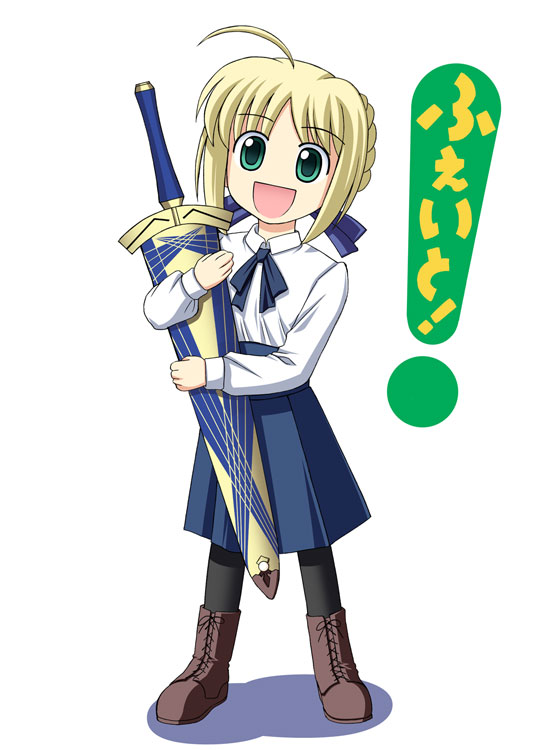 kishi nisen, artoria pendragon (fate), avalon (fate), saber (fate), fate/stay night, fate (series), yotsubato!, :d, ahoge, blonde hair, excalibur (fate/stay night), green eyes, open mouth, pantyhose, parody, sheath, sheathed, smile, solo, sword, weapon