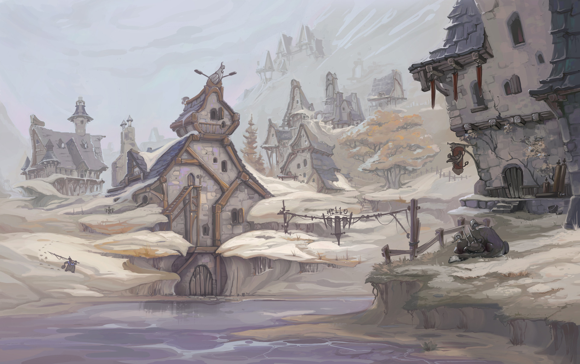 commentary, english commentary, highres, 1other, ambiguous gender, building, dark skin, day, dragon, emilie vaccarini, english text, fishing rod, footprints, hill, holding, holding fishing rod, house, outdoors, river, scenery, sign, sleeping animal, snow, town, tree, very wide shot, water, winter