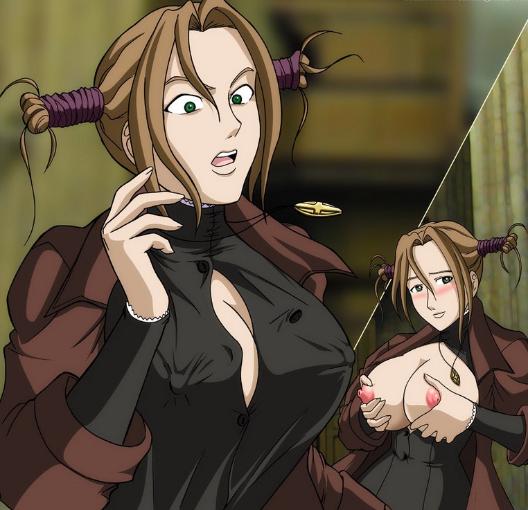 bbmbbf, robin sena, witch hunter robin, 00s, 1girl, blonde hair, blush, breasts, female focus, green eyes, jewelry, multiple views, necklace, standing, surprised, upper body, wardrobe malfunction