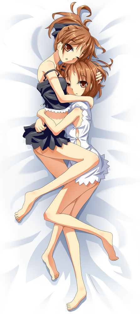 mikan (bananoha), hirasawa ui, hirasawa yui, k-on!, bad id, bad pixiv id, 00s, 2girls, bad anatomy, bad feet, barefoot, bed, blush, brown eyes, brown hair, camisole, feet, female focus, hug, incest, leg between thighs, lying, multiple girls, one eye closed, ponytail, poorly drawn, short hair, siblings, sisters, strap slip, wink, yuri