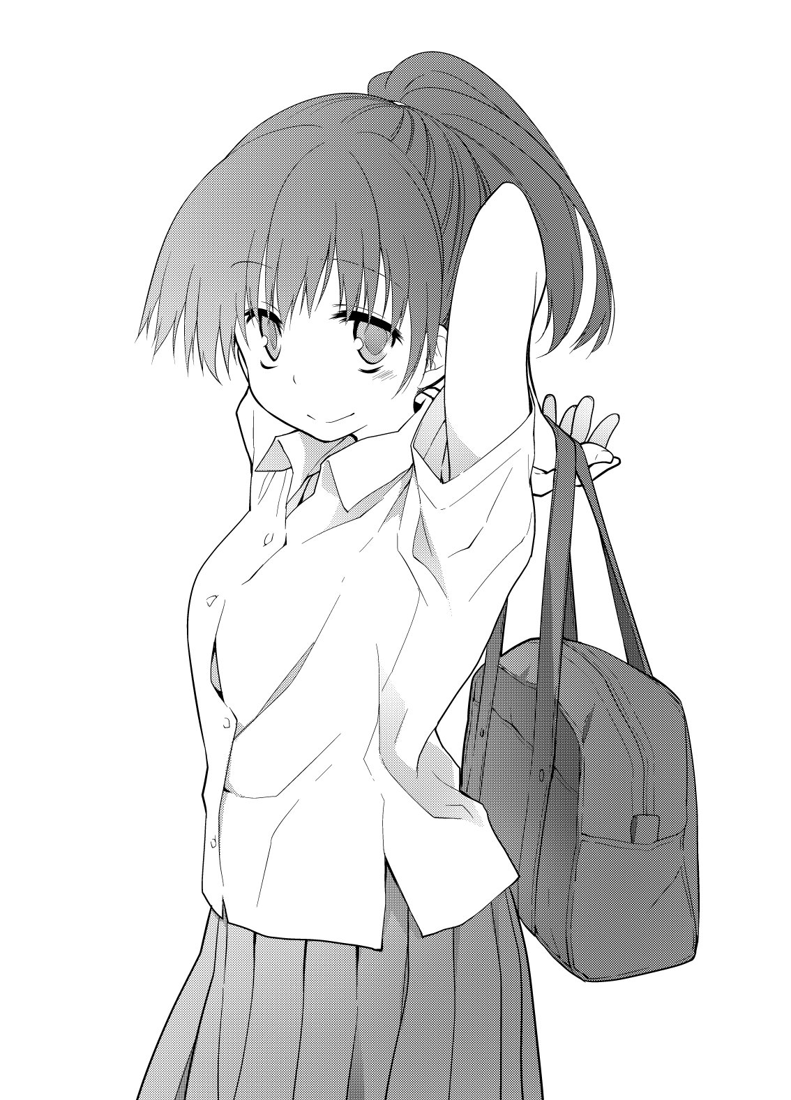 midori no ruupe, original, commentary request, highres, 1girl, arms up, bag, breasts, closed mouth, collared shirt, cowboy shot, from side, greyscale, hair between eyes, high ponytail, holding, holding bag, looking at viewer, medium breasts, monochrome, pleated skirt, ponytail, school uniform, shirt, short hair, short sleeves, sidelocks, simple background, skirt, smile, solo, standing, tareme, untucked shirt