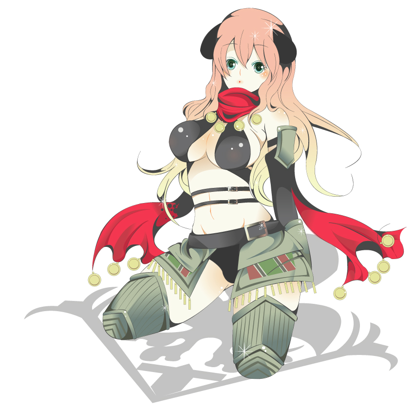 arishiki, scout (fez), fantasy earth zero, 1girl, armor, bare shoulders, breasts, emblem, female focus, green eyes, kneeling, large breasts, long hair, pink hair, scarf, solo, thighhighs