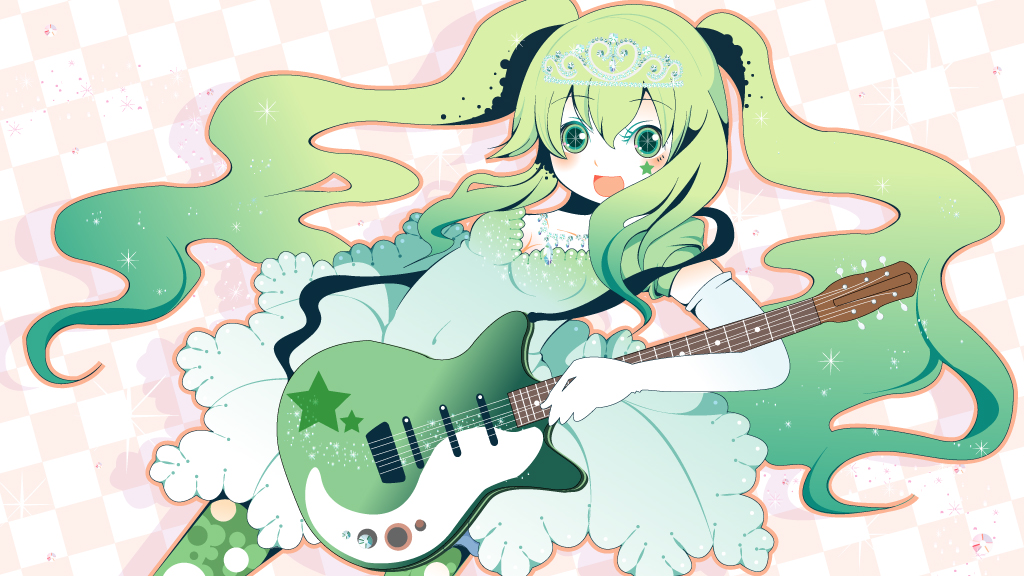 arishiki, hatsune miku, vocaloid, 1girl, :d, blush, breasts, checkered background, cleavage, dress, elbow gloves, female focus, gloves, gradient hair, green eyes, green hair, green pantyhose, guitar, instrument, jewelry, long hair, matching hair/eyes, multicolored hair, necklace, open mouth, pantyhose, smile, solo, sparkle, tiara, twintails