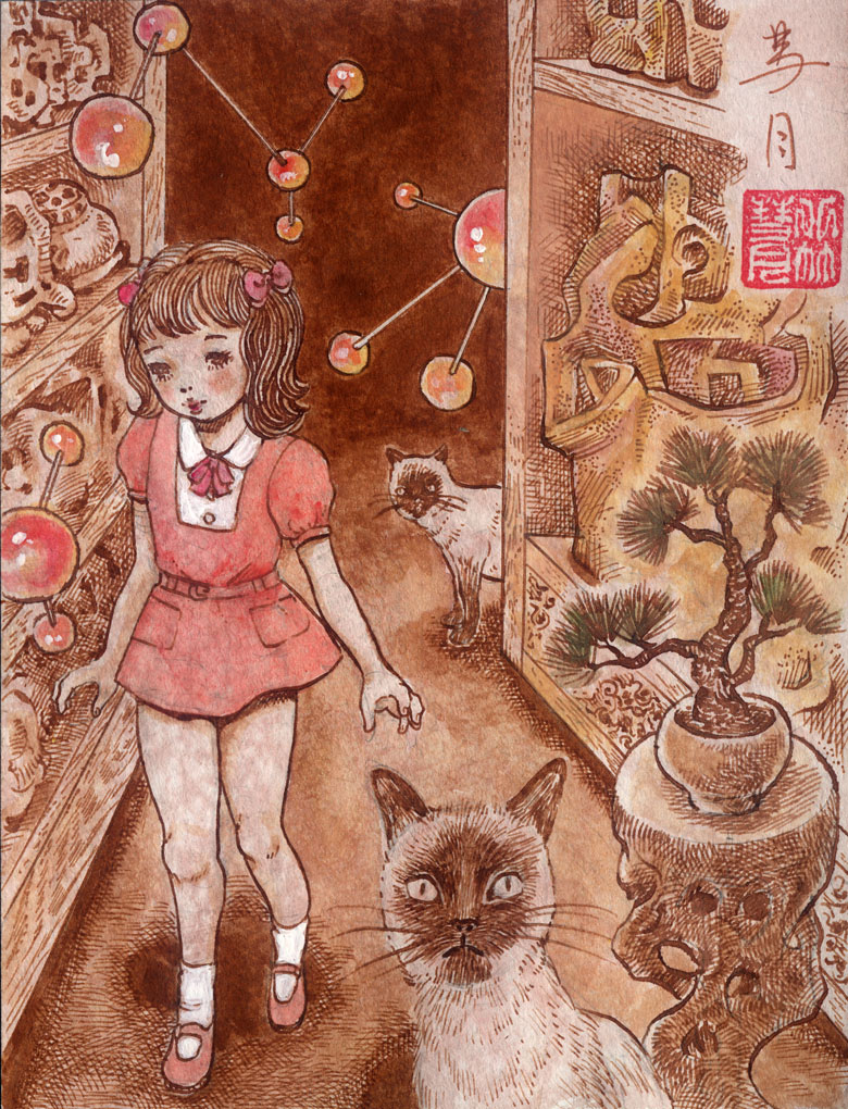 fractal underground studio, original, traditional media, 1girl, animal, belt, blush, bonsai, bow, bowtie, brown eyes, brown hair, cat, dress, hair bow, looking at viewer, mary janes, molecule, plant, potted plant, puffy sleeves, red belt, red bow, red bowtie, red dress, red shoes, shelf, shoes, short hair, short sleeves, siamese cat, smile, socks, tree, twintails, walking, white socks