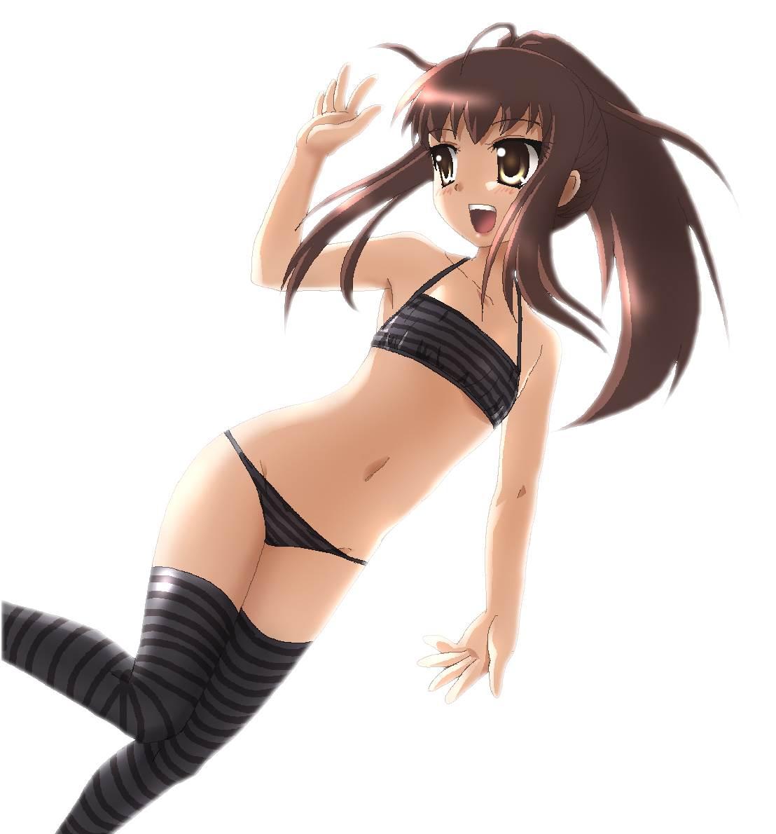 hayashiya zankurou, kyonko, suzumiya haruhi no yuuutsu, gender request, 00s, 1girl, bra, brown eyes, brown hair, female focus, flat chest, genderswap, lingerie, long hair, lowleg, lowleg panties, open mouth, panties, ponytail, solo, sports bra, striped bra, striped clothes, striped panties, striped sports bra, striped thighhighs, thighhighs, underwear, underwear only, waving