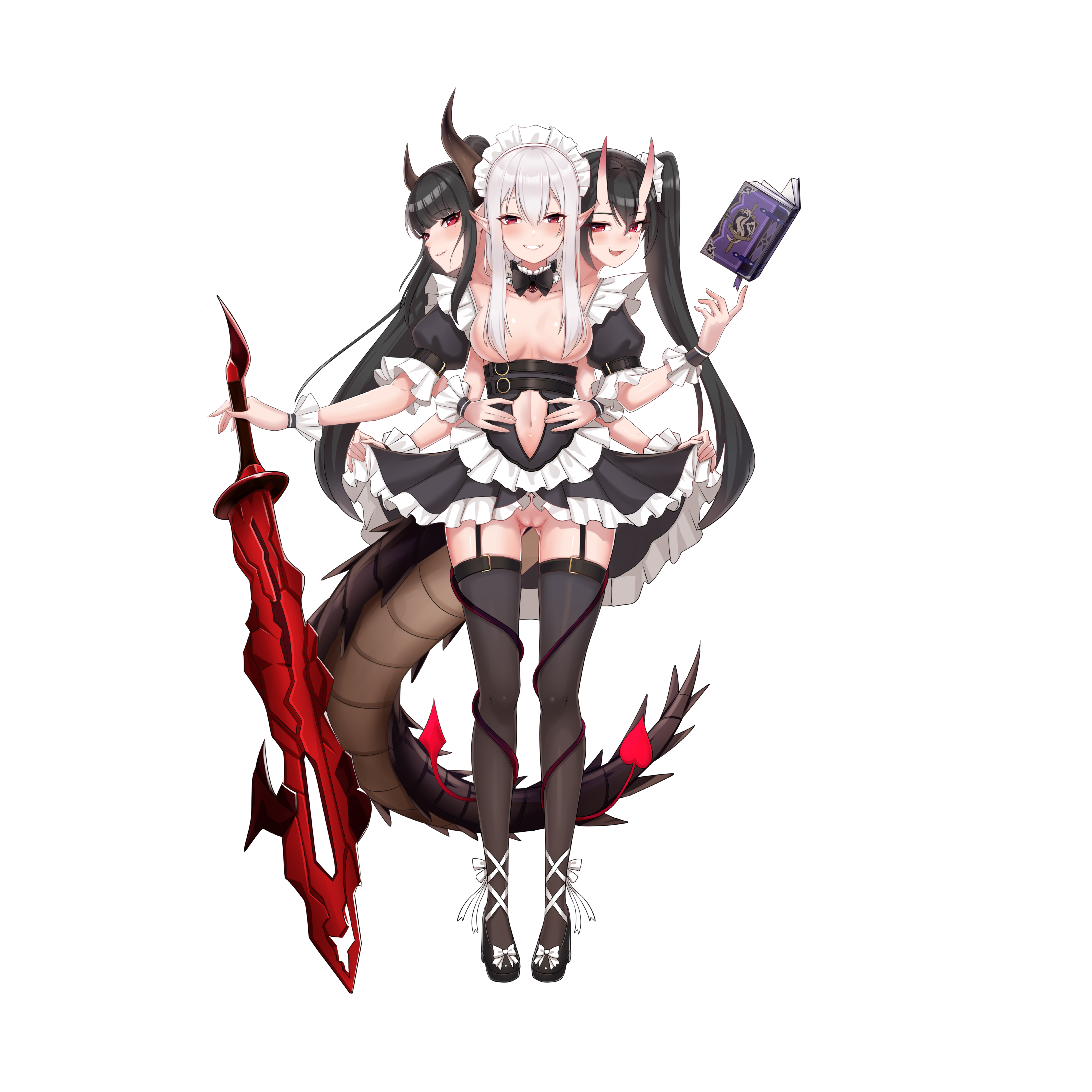 xuecheng, original, absurdres, highres, 3girls, conjoined, demon girl, dragon girl, dragon tail, extra arms, maid, multiple girls, multiple heads, pointy ears, red eyes, tail