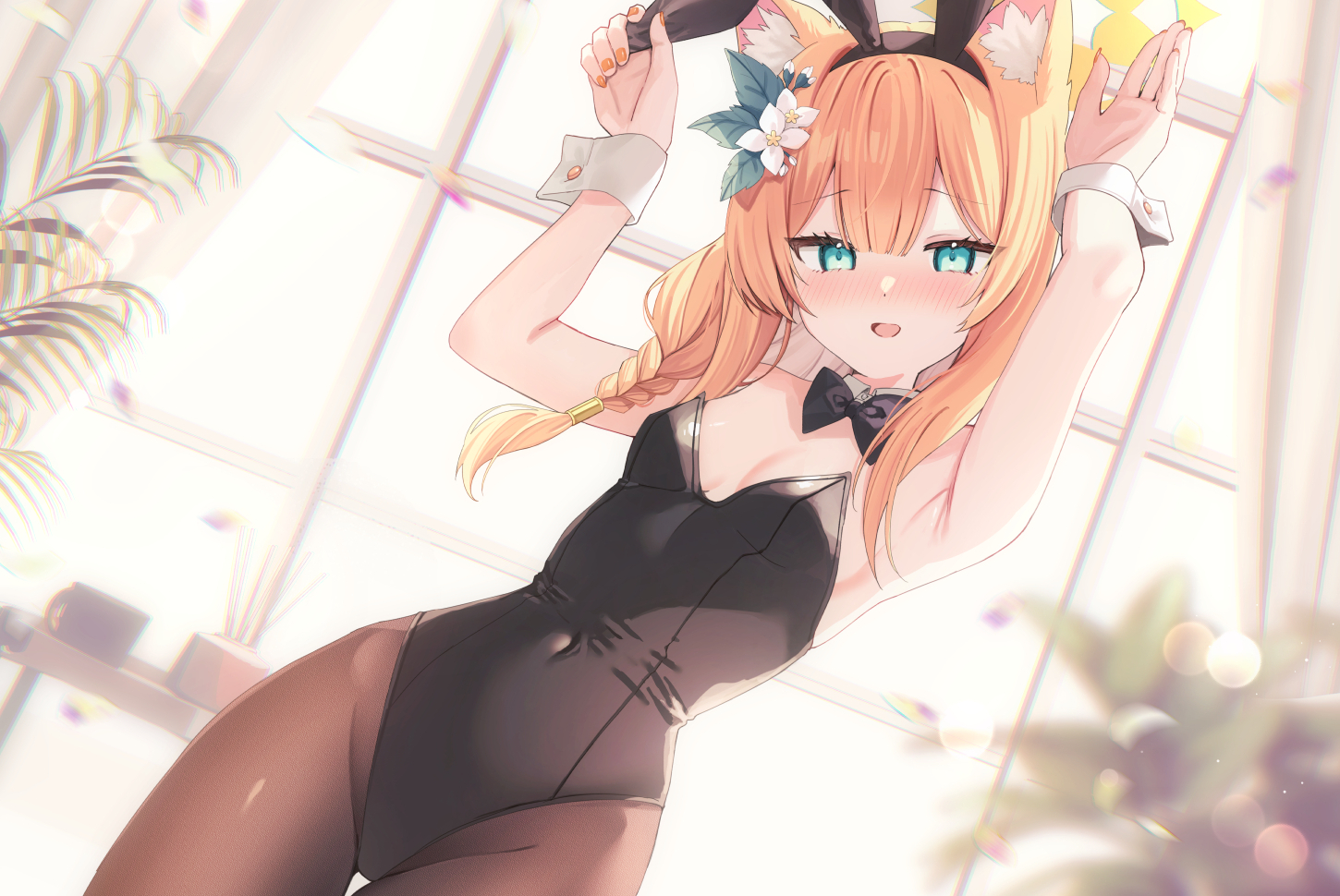 saeki sora, mari (blue archive), blue archive, 1girl, animal ear fluff, animal ears, armpits, arms up, black pantyhose, breasts, clothing cutout, cowboy shot, detached collar, fingernails, flower, green eyes, groin, hair flower, hair ornament, indoors, navel cutout, orange hair, pantyhose, playboy bunny, rabbit ears, small breasts, solo, thighs, wrist cuffs