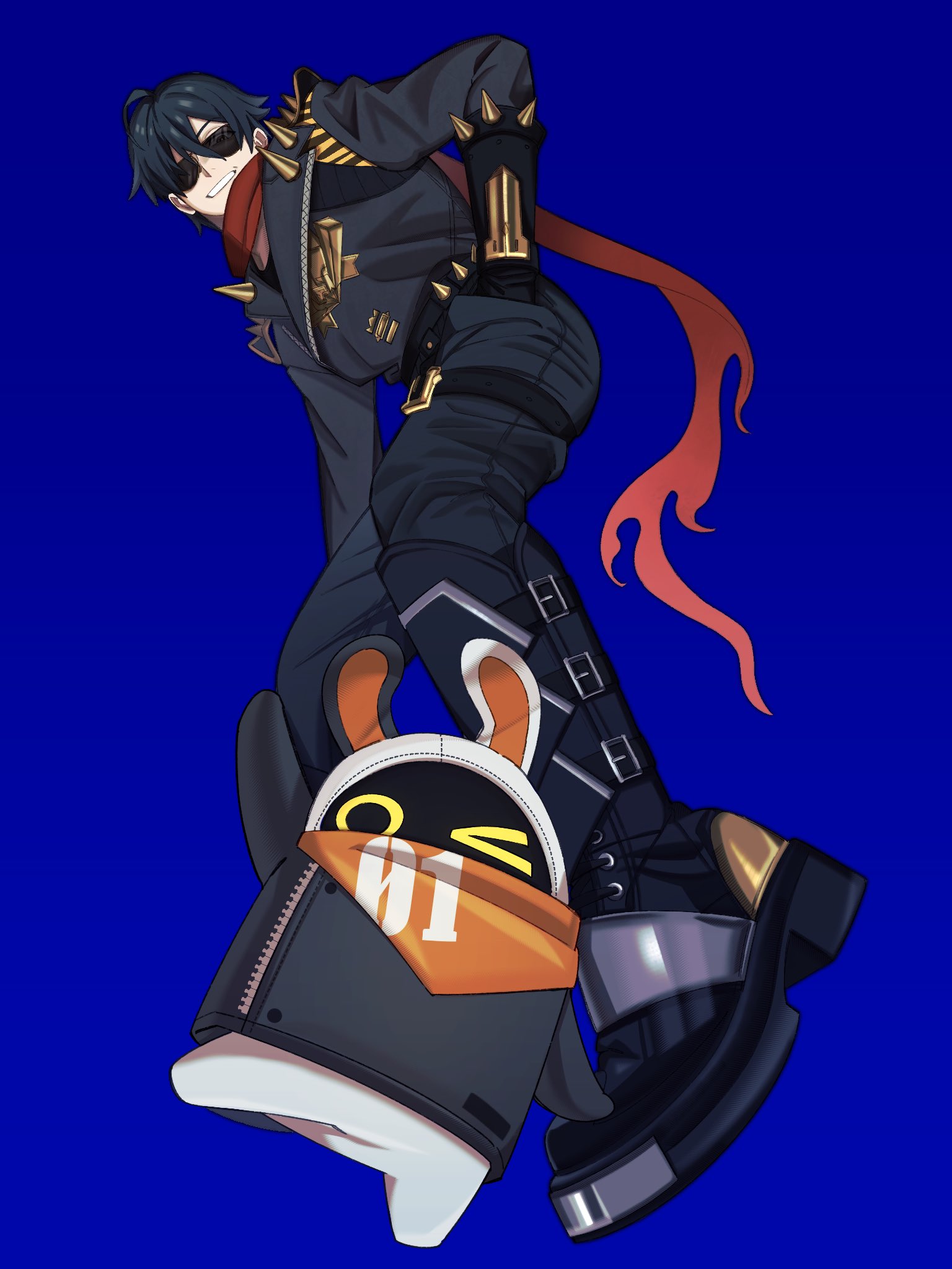 bangboo (zenless zone zero), eous (zenless zone zero), lighter (zenless zone zero), zenless zone zero, commentary request, highres, 1boy, 1other, bandana, bandana around neck, black boots, blue background, blue pants, boots, from side, full body, green hair, grin, hair between eyes, hand on own hip, incendo zzz, jacket, leaning forward, leather, leather jacket, looking at viewer, one eye closed, orange bandana, pants, red scarf, scarf, short hair, shoulder spikes, smile, spiked belt, spiked jacket, spikes, standing, standing on one leg, studded gloves, sunglasses, torn clothes, torn scarf