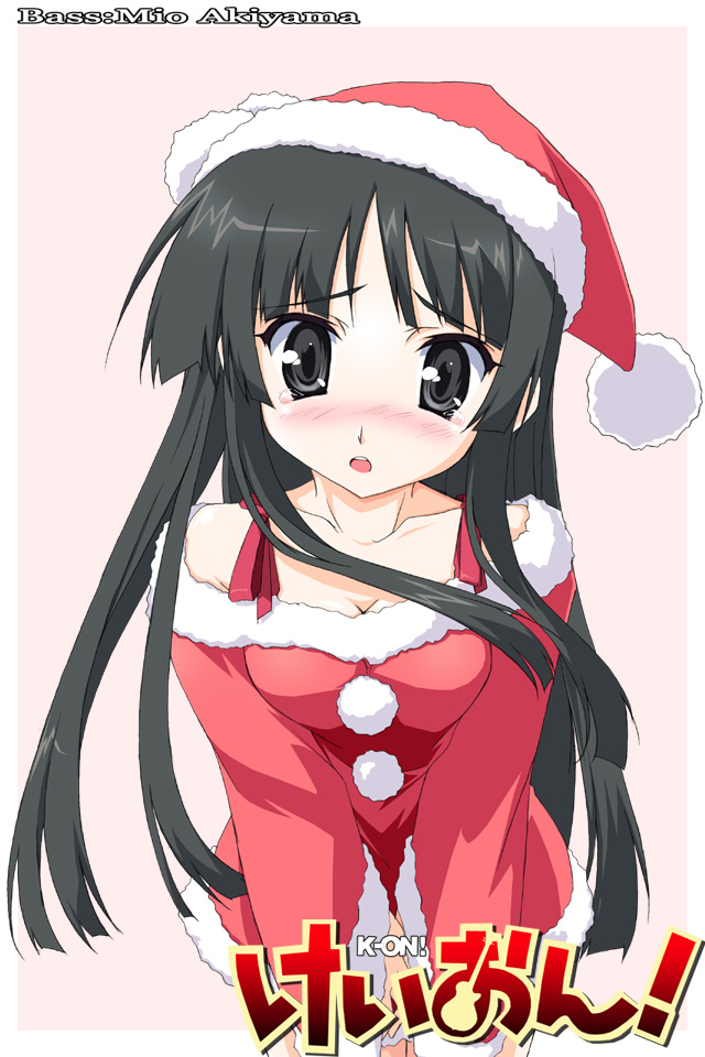 yamano sachi, akiyama mio, k-on!, 00s, 1girl, black eyes, black hair, blush, breasts, cleavage, female focus, hat, long hair, santa costume, santa hat, solo, tears