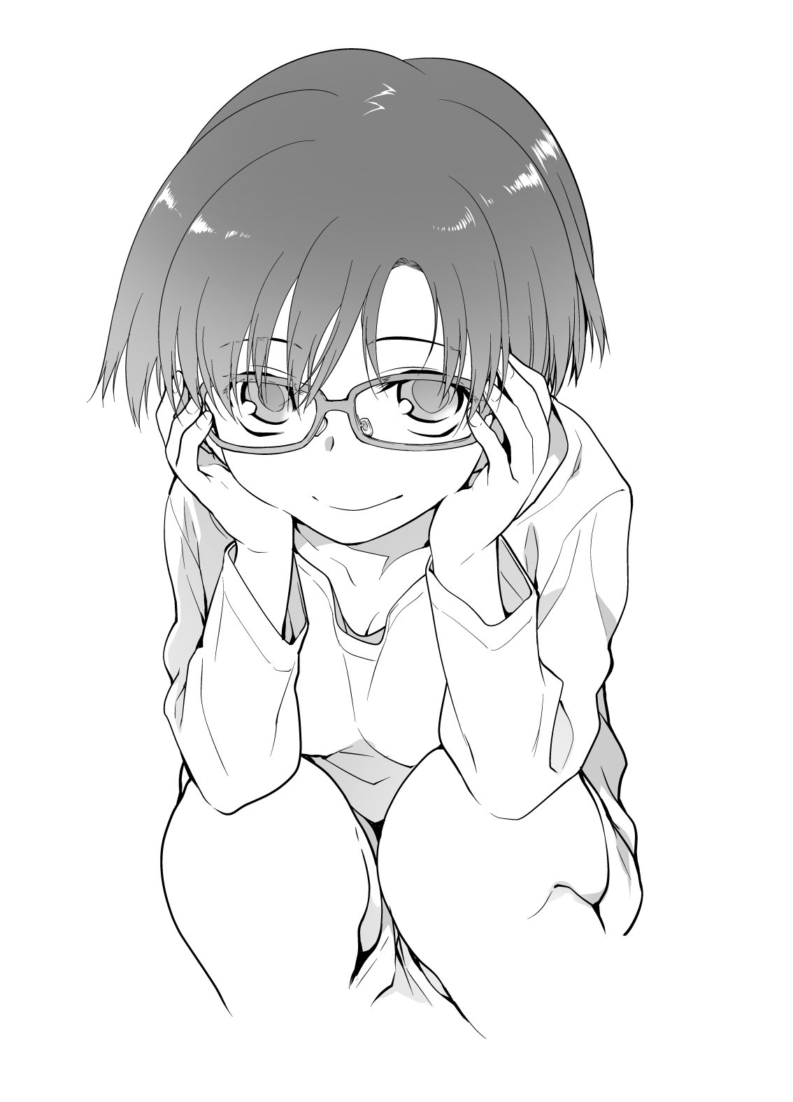 midori no ruupe, original, commentary request, highres, 1girl, adjusting eyewear, breasts, cleavage, closed mouth, collarbone, feet out of frame, glasses, greyscale, hands up, long sleeves, looking at viewer, medium breasts, monochrome, shirt, short hair, shorts, simple background, sketch, smile, solo, squatting