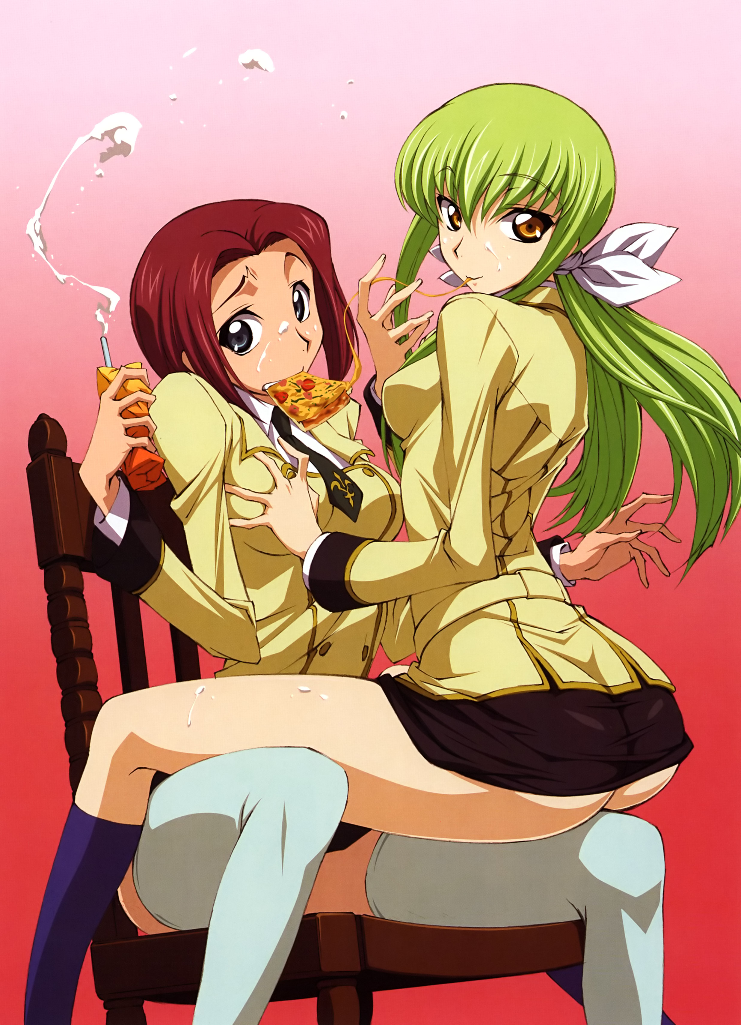 tabata hisayuki, c.c., kouzuki kallen, code geass, blue legwear, crotch, white legwear, absurdres, duplicate, highres, pixel-perfect duplicate, 00s, 2girls, ashford academy school uniform, ass, blue eyes, breasts, brown eyes, chair, cheese, cheese trail, eating, food, grabbing another's breast, green hair, groping, juice box, kneehighs, legs, long hair, long legs, medium breasts, microskirt, milk, miniskirt, mouth hold, multiple girls, no panties, open crotch, pizza, pizza slice, ponytail, red background, red hair, school uniform, sexually suggestive, short hair, simple background, sitting, sitting on lap, sitting on person, skirt, socks, spread legs, straddling, suggestive fluid, thighhighs, thighs, yuri, zettai ryouiki