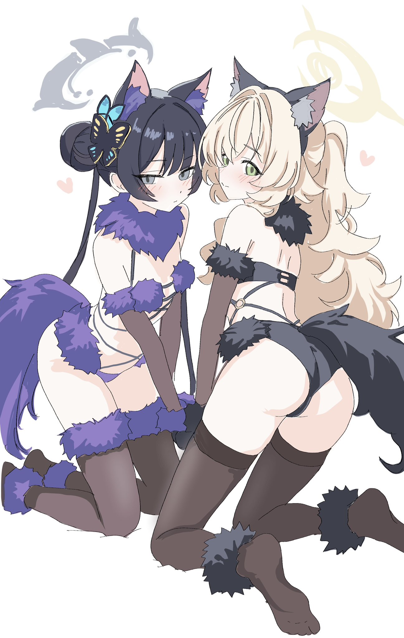 kamitosayu, kisaki (blue archive), professor niyaniya (blue archive), blue archive, highres, 2girls, animal costume, animal ears, ass, bare shoulders, black hair, black panties, black thighhighs, blonde hair, blush, bra, breasts, elbow gloves, facing another, gloves, grey halo, hair bun, hair ornament, halloween costume, halo, heart, long hair, looking at viewer, median furrow, multiple girls, panties, ponytail, purple bra, purple panties, revealing clothes, small breasts, spoken heart, tail, thighhighs, underwear, wolf costume, wolf ears, wolf tail, yellow halo