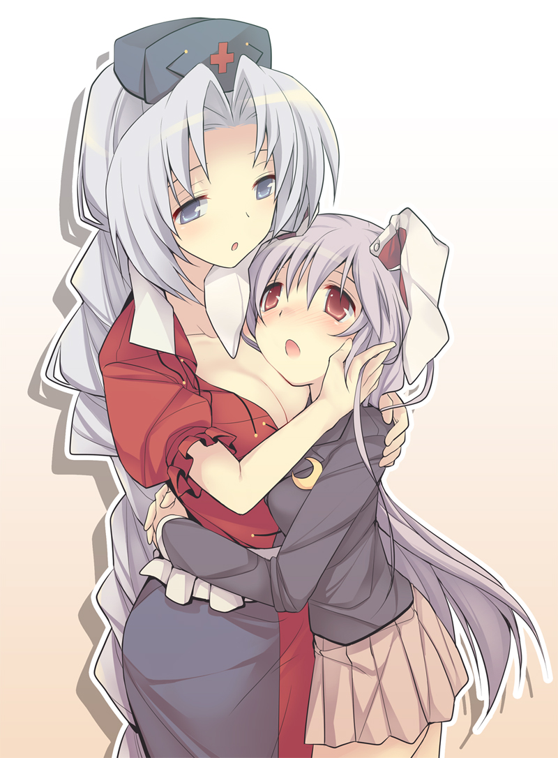 mzyk, reisen udongein inaba, yagokoro eirin, touhou, light purple hair, silver hair, untied, 2girls, :o, animal ears, blazer, blue eyes, blush, braid, breasts, cleavage, crescent, eye contact, female focus, hat, hug, jacket, large breasts, long hair, looking at another, looking down, looking up, multiple girls, nurse cap, rabbit ears, red eyes, single braid, yuri
