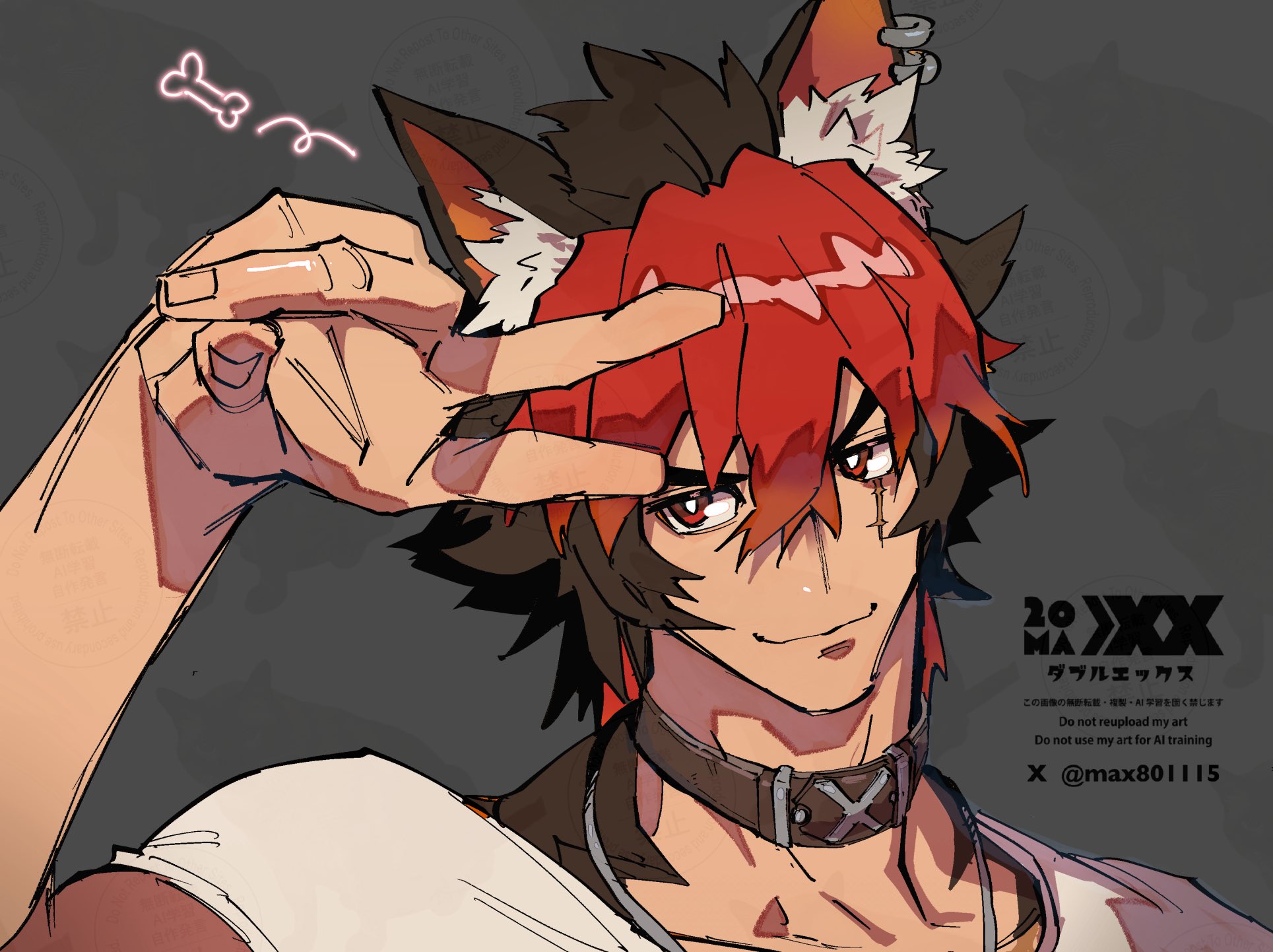 max801115, komano manato, zenless zone zero, commentary, highres, symbol-only commentary, 1boy, animal ear fluff, animal ears, black collar, black hair, closed mouth, collar, grey background, hair between eyes, jewelry, male focus, multicolored hair, necklace, red eyes, red hair, scar, scar across eye, scar on face, shirt, simple background, solo, twitter username, upper body, v, white shirt