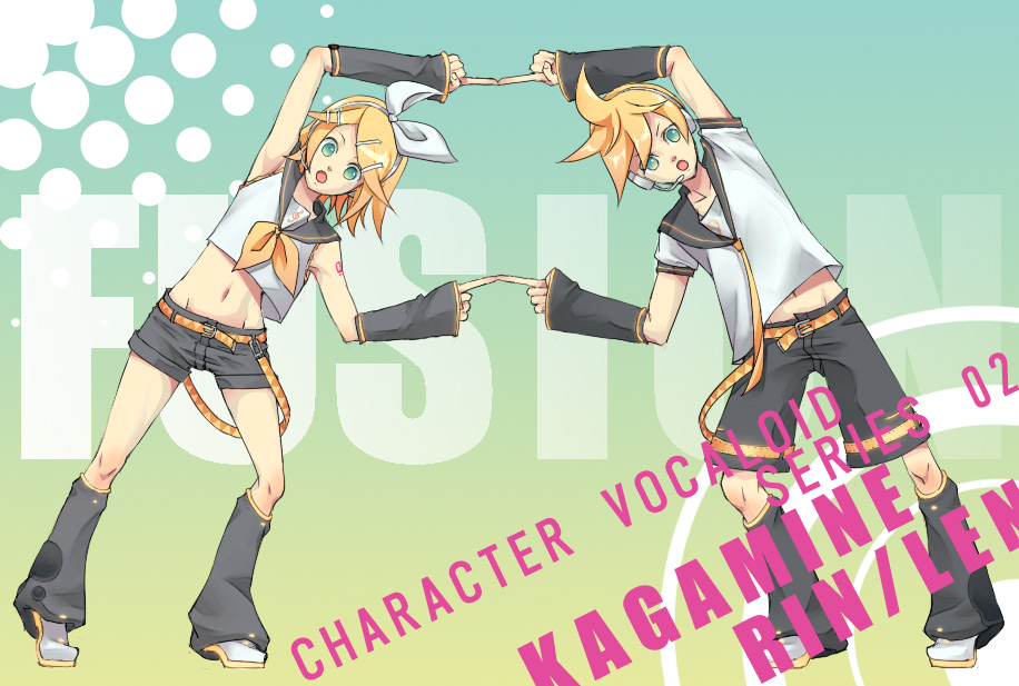 pizza (pizzania company), xpizzeriax, kagamine len, kagamine rin, vocaloid, 1boy, 1girl, blonde hair, brother and sister, green eyes, hair ornament, hair ribbon, hairclip, headphones, headset, midriff, navel, necktie, open mouth, parody, ribbon, sailor collar, short hair, shorts, siblings, symmetrical hand pose, twins