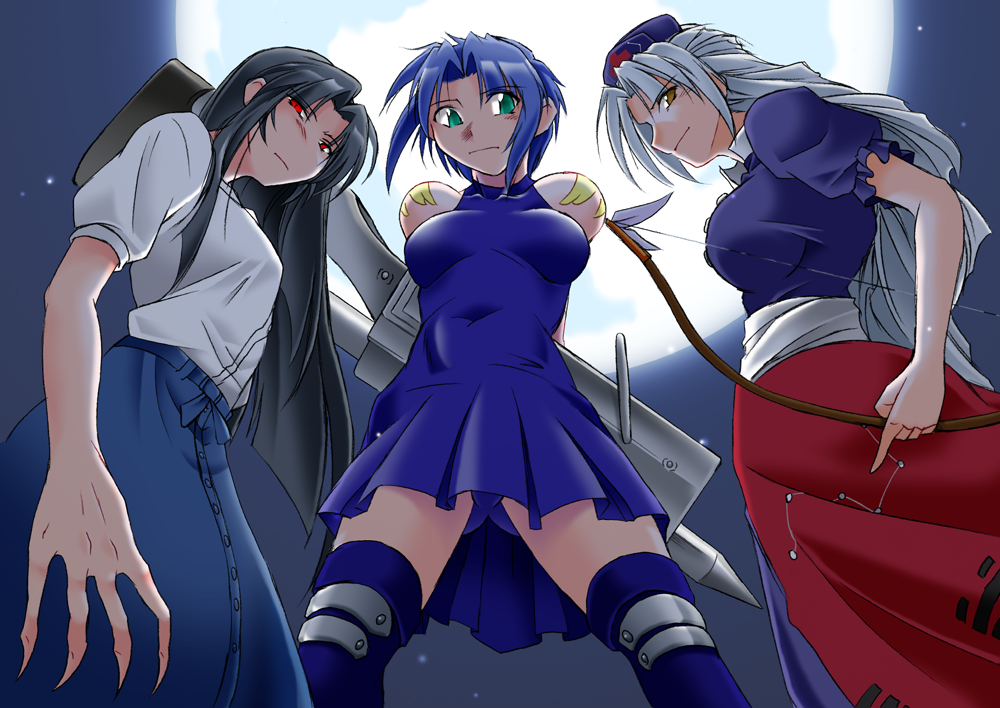 angeldust, ciel (tsukihime), kashiwagi chizuru, powered ciel, yagokoro eirin, kizuato, touhou, tsukihime, type-moon, silver hair, 00s, 3girls, bare shoulders, black hair, blue hair, blue panties, blue thighhighs, bow (weapon), breasts, brown eyes, claws, crossover, from below, full moon, green eyes, halterneck, hat, huge weapon, large breasts, long hair, moon, multiple crossover, multiple girls, night, panties, pantyshot, pile bunker, red eyes, seventh holy scripture, short hair, thighhighs, underwear, weapon, zettai ryouiki