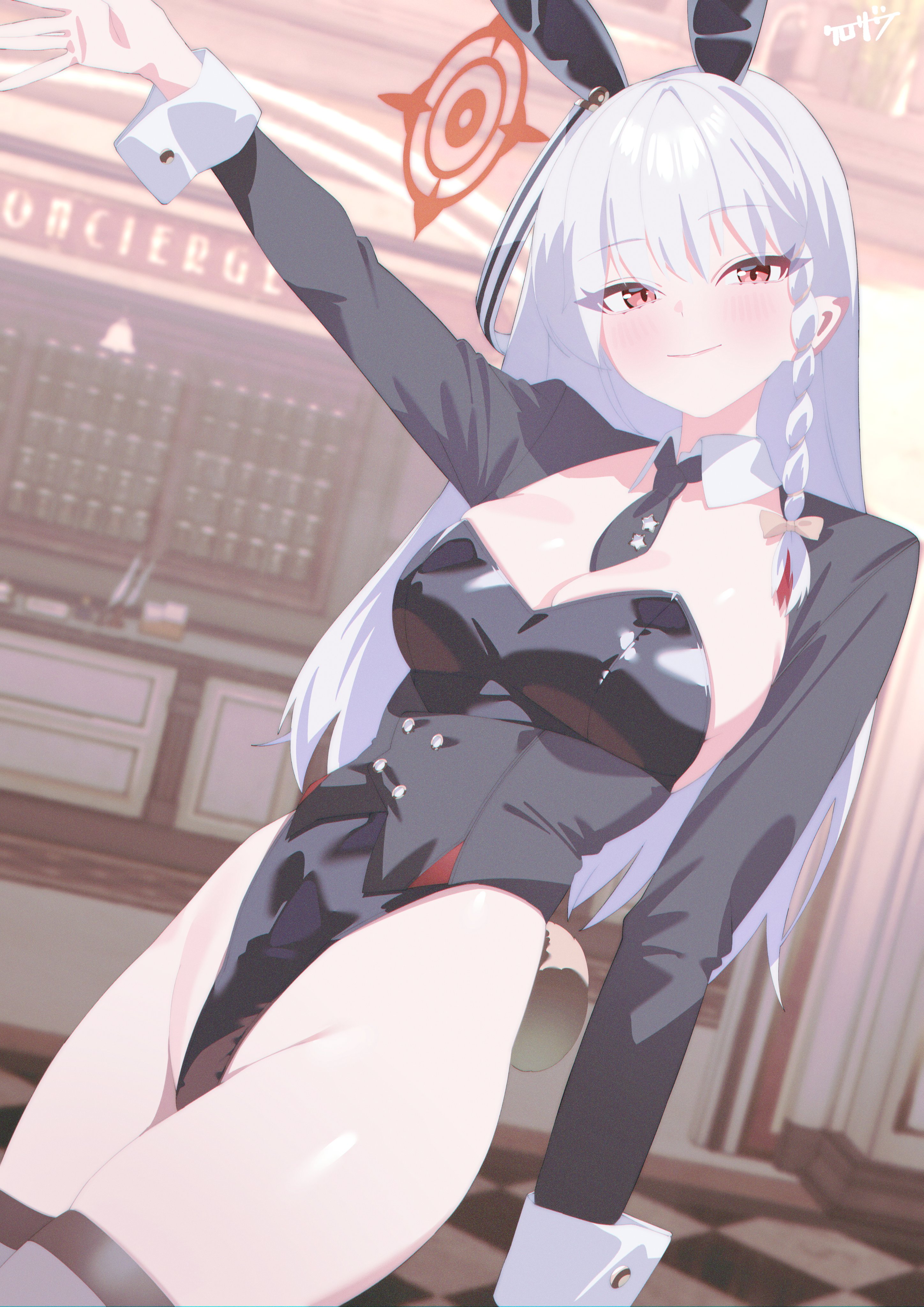 kurozawa yui, haruna (blue archive), blue archive, absurdres, highres, 1girl, blush, breasts, cleavage, halo, long hair, long sleeves, looking at viewer, medium breasts, playboy bunny, red eyes, smile, solo, white hair