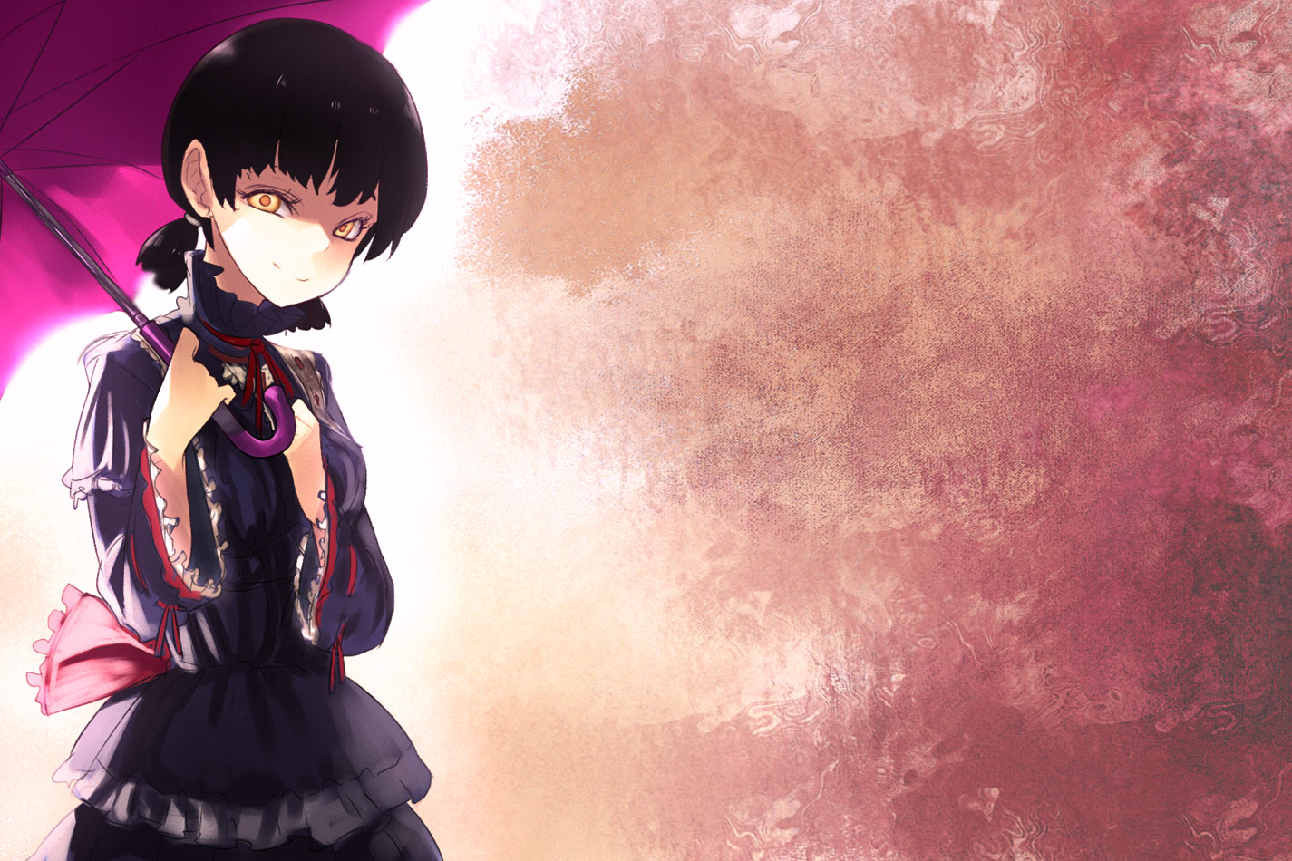 hama (22ji kara 24ji), original, black hair, dress, eyelashes, holding, holding umbrella, short hair, solo, umbrella, yellow eyes