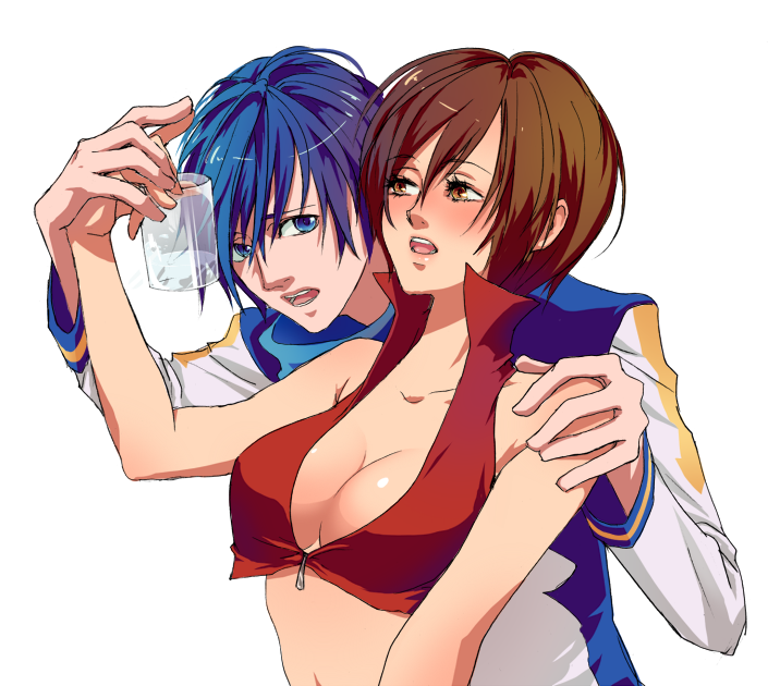 pizza (pizzania company), xpizzeriax, kaito (vocaloid), meiko (vocaloid), vocaloid, 1boy, 1girl, blue eyes, blue hair, blush, breasts, brown eyes, brown hair, cleavage, drunk, glass, large breasts, midriff, navel