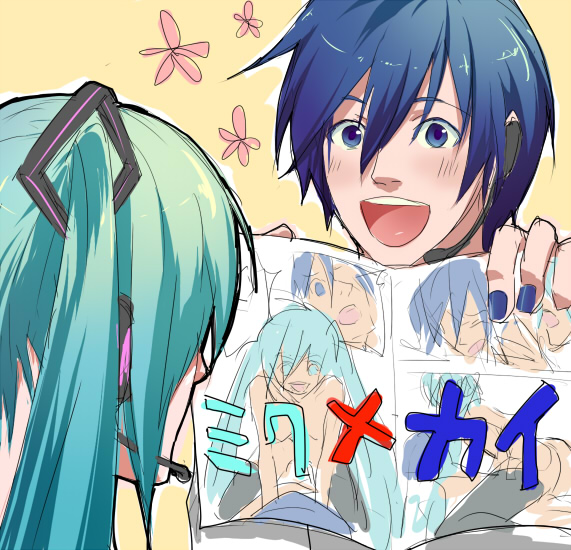 pizza (pizzania company), xpizzeriax, hatsune miku, kaito (vocaloid), vocaloid, bad id, bad pixiv id, aqua hair, blue eyes, blue hair, book, censored, convenient censoring, headphones, headset, long hair, pornography, sketch, smile, thighhighs, twintails, viewing pornography