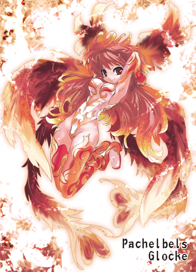 toujou chika, pachelbel no kane, 1girl, bird, brown eyes, feathers, female focus, fingerless gloves, gloves, leotard, long hair, personification, phoenix, red hair, solo, thighhighs