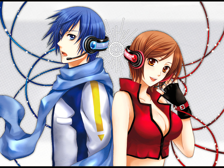 wool (kurokrkr), kaito (vocaloid), meiko (vocaloid), vocaloid, bad id, bad pixiv id, 1boy, 1girl, black gloves, blue eyes, blue hair, blue scarf, breasts, brown eyes, brown hair, cleavage, fingerless gloves, gloves, headphones, headset, large breasts, letterboxed, midriff, scarf, short hair, smile