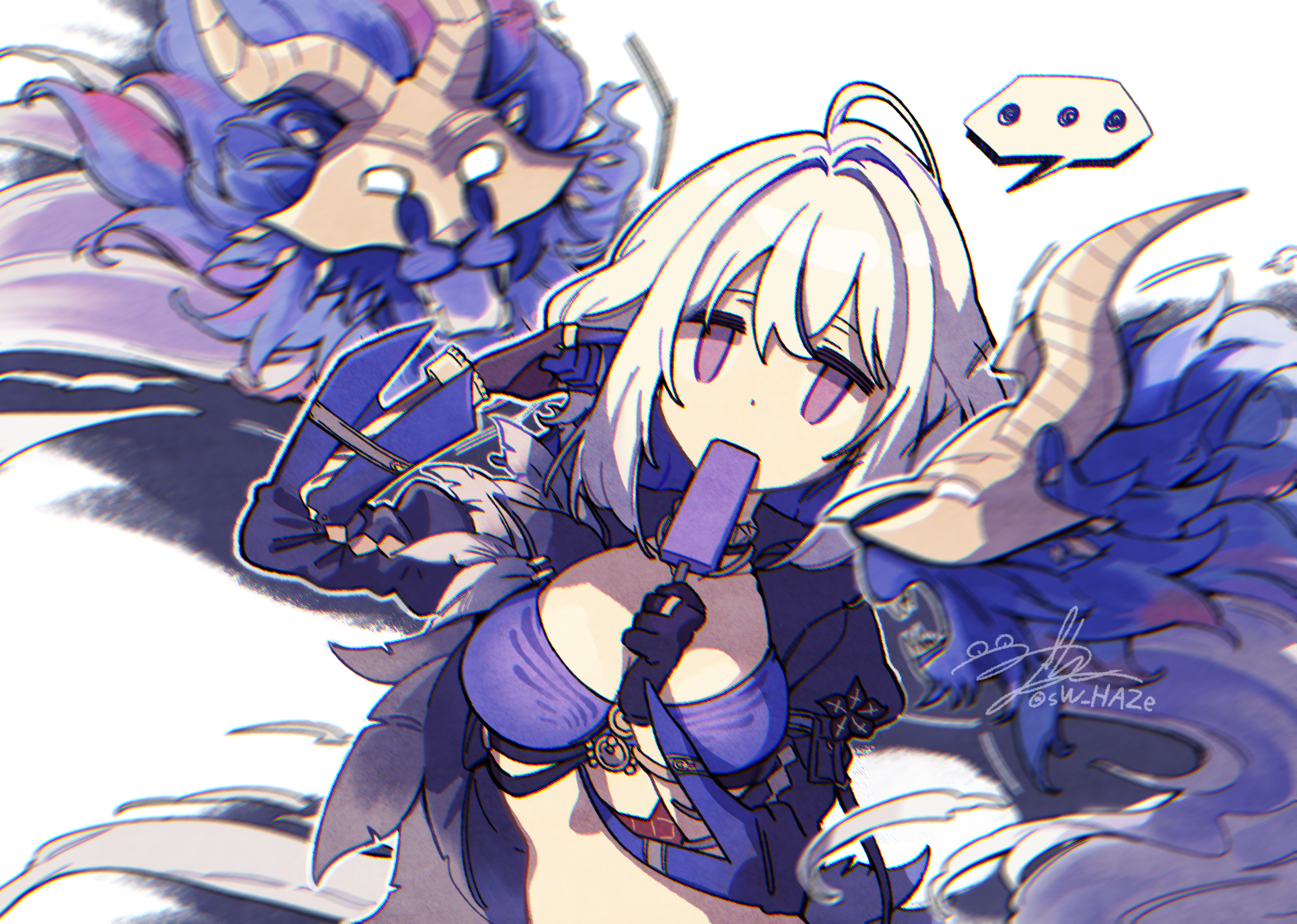 sw haze, galbrena (wuthering waves), wuthering waves, commentary request, highres, korean commentary, …, 1girl, black flower, black gloves, black jacket, blake bloom (wuthering waves), blue bra, blue hair, bra, bracelet, chimera (wuthering waves), chromatic aberration, colored inner hair, cropped jacket, finger in ear, flower, food, food in mouth, gloves, grey hair, holding, holding food, holding popsicle, jacket, jewelry, medium hair, multicolored hair, popsicle, popsicle in mouth, purple eyes, signature, simple background, single glove, spoken ellipsis, tacet discord (wuthering waves), underwear, upper body, white background