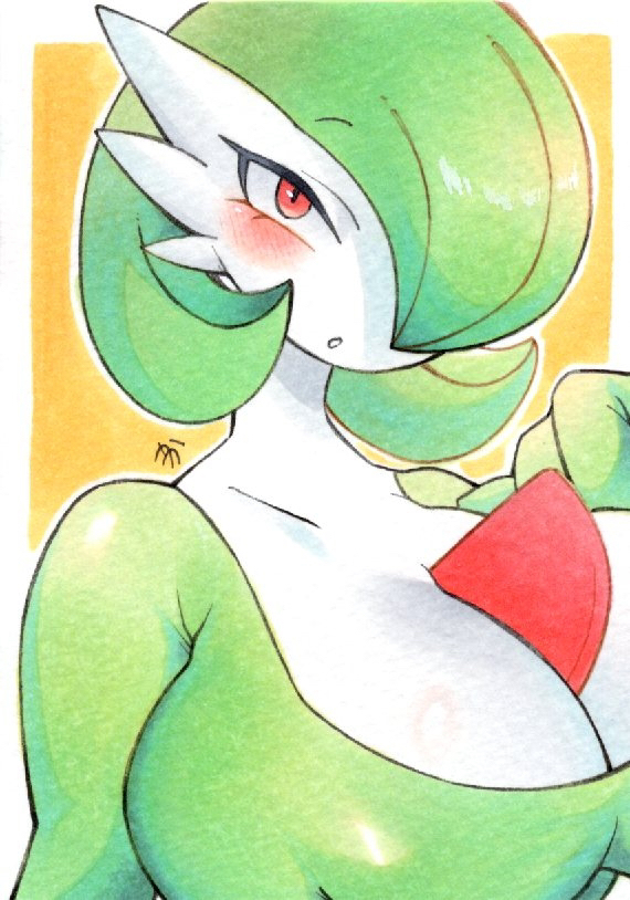 uka (pixiv 92629239), gardevoir, nintendo, pokemon, traditional media, 1girl, :o, arm at side, artist name, blush, bob cut, border, breasts, closed mouth, collarbone, colored skin, covered erect nipples, female focus, gen 3 pokemon, green hair, green skin, hair over one eye, hand up, huge breasts, looking at viewer, mature female, multicolored skin, one eye covered, open mouth, outline, outside border, pokemon (creature), red eyes, short hair, signature, simple background, solo, two-tone skin, upper body, white border, white outline, white skin, yellow background
