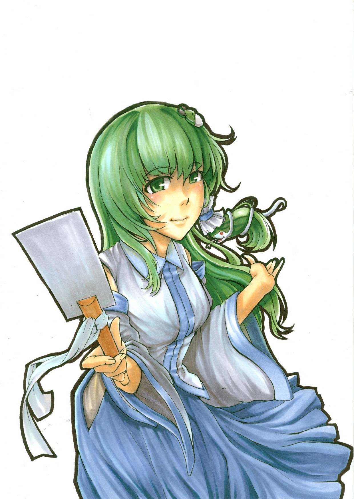 takami masahiro, kochiya sanae, touhou, bad id, bad pixiv id, highres, 1girl, detached sleeves, female focus, frog, gohei, green eyes, green hair, hair ornament, long hair, matching hair/eyes, oonusa, snake, solo