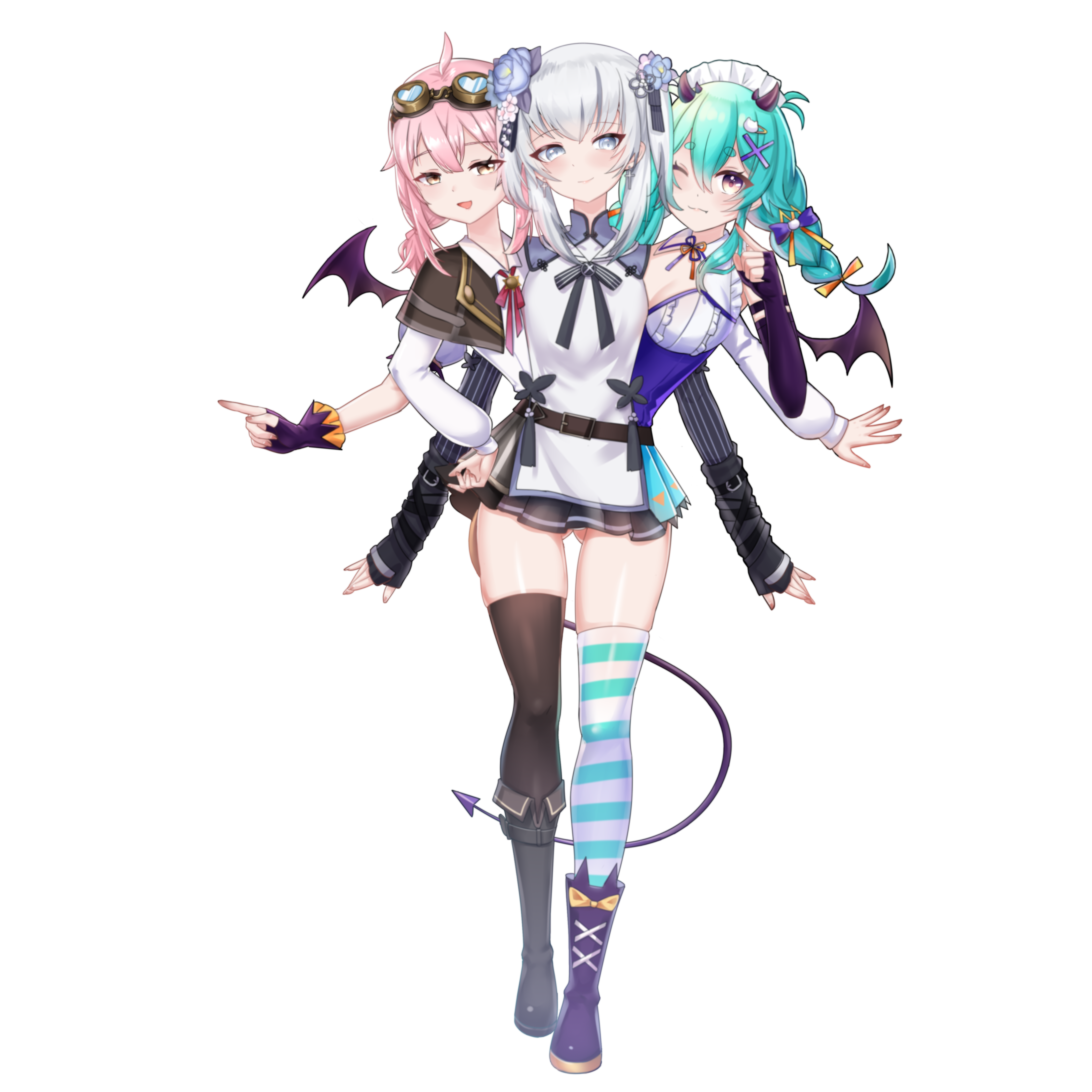 xuecheng, yongchutafei, azuma seren, necora nyaru, original, absurdres, highres, 3girls, conjoined, extra arms, height difference, multiple girls, multiple heads, virtual youtuber