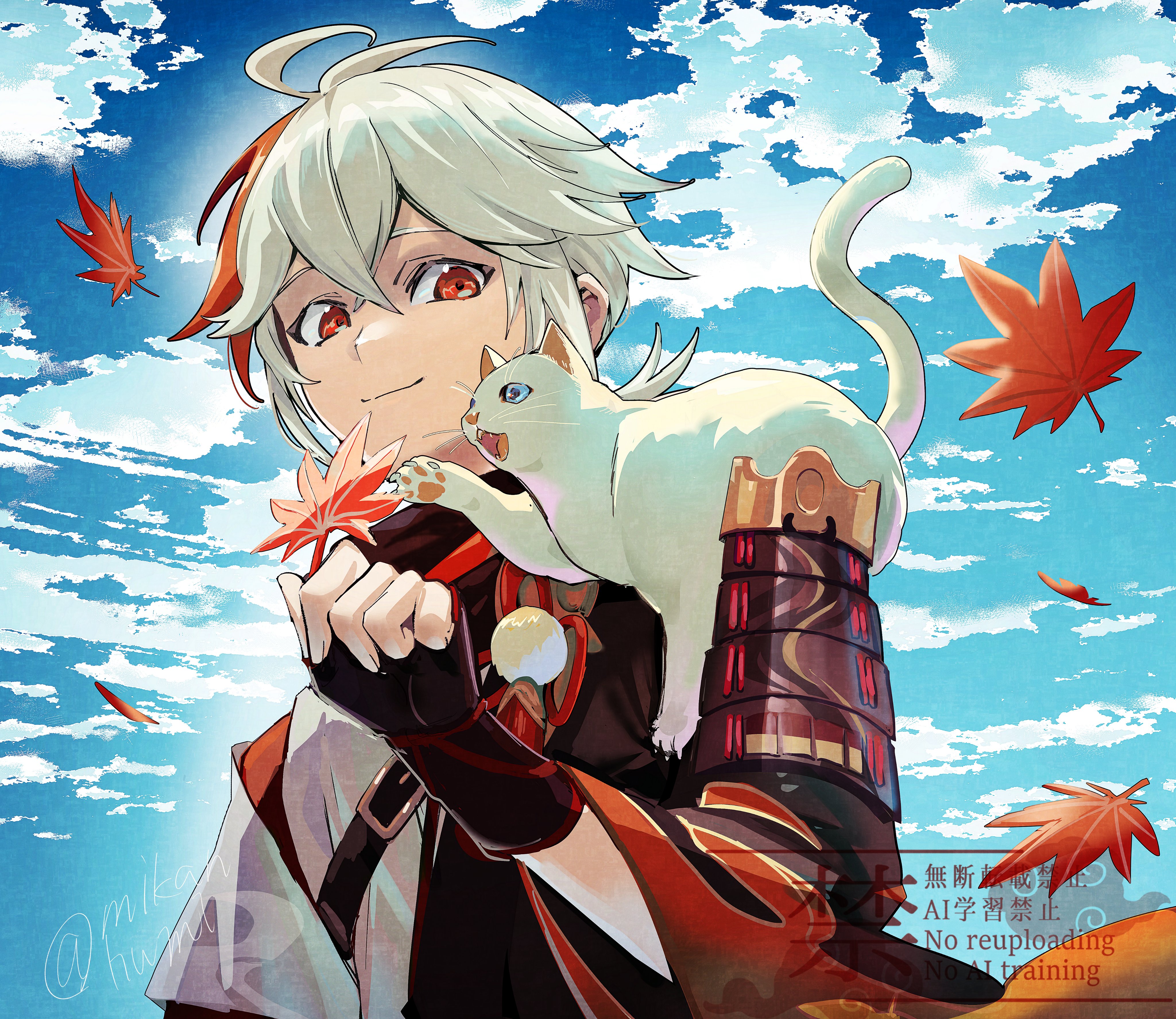 mikanhumi, kaedehara kazuha, genshin impact, absurdres, commentary request, highres, 1boy, animal, animal on shoulder, armor, black gloves, blue sky, cat, cat on shoulder, cloud, crossed bangs, day, fingerless gloves, gloves, hair between eyes, holding, holding leaf, japanese armor, japanese clothes, leaf, male focus, multicolored hair, open mouth, outdoors, ponytail, red eyes, red hair, sky, solo, streaked hair, twitter username, upper body, white cat, white hair