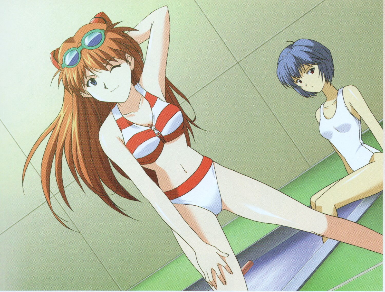 ayanami rei, souryuu asuka langley, neon genesis evangelion, official art, scan, 2girls, armpits, bare shoulders, bikini, blue eyes, blue hair, goggles, hair ornament, hairclip, indoors, legs, long hair, midriff, multiple girls, one-piece swimsuit, one eye closed, pool, poolside, red eyes, red hair, school swimsuit, sitting, smile, staring, swimsuit, thighs, wink, zipper