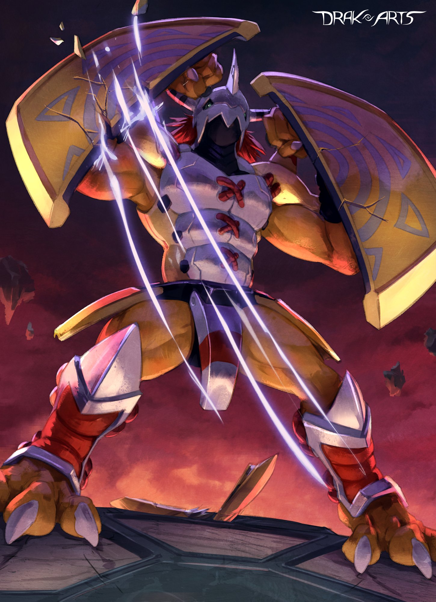 drak-arts, wargreymon, digimon, highres, 1boy, armor, artist name, battle damage, digimon (creature), dragon, full body, green eyes, holding, holding shield, horns, muscular, muscular male, red hair, shield, short hair, solo, standing, yellow armor