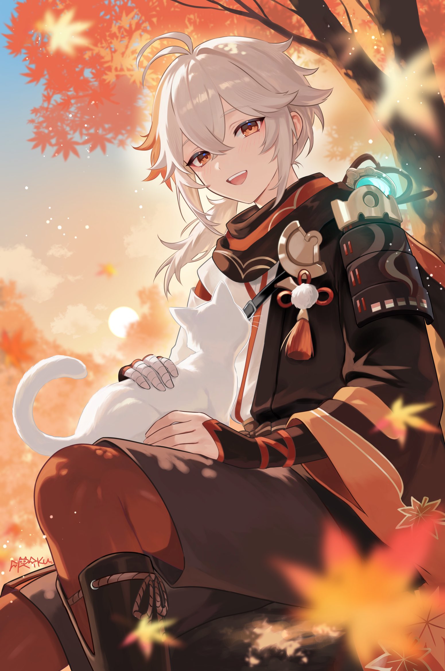 riku (rrr gns), kaedehara kazuha, genshin impact, commentary request, highres, 1boy, armor, autumn leaves, bandaged hand, bandages, black gloves, cat, cloud, crossed bangs, day, fingerless gloves, gloves, hair between eyes, japanese armor, japanese clothes, leaf, leaf print, looking at viewer, male focus, multicolored hair, open mouth, outdoors, ponytail, red eyes, red hair, sitting, sky, solo, streaked hair, tree, vision (genshin impact), white cat, white hair