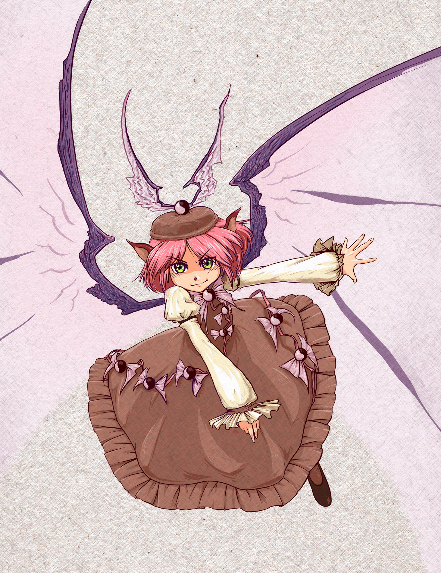 kasa02, mystia lorelei, touhou, highres, 1girl, animal ears, female focus, hat, oversized wings, pink hair, short hair, solo, wings