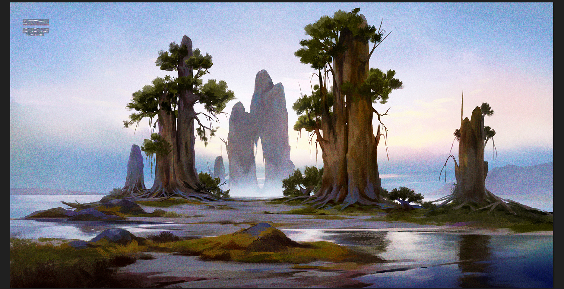 original, highres, anastasia shestak, art program in frame, border, day, grey border, no humans, outdoors, plant, plant focus, scenery, sky, water, wetland