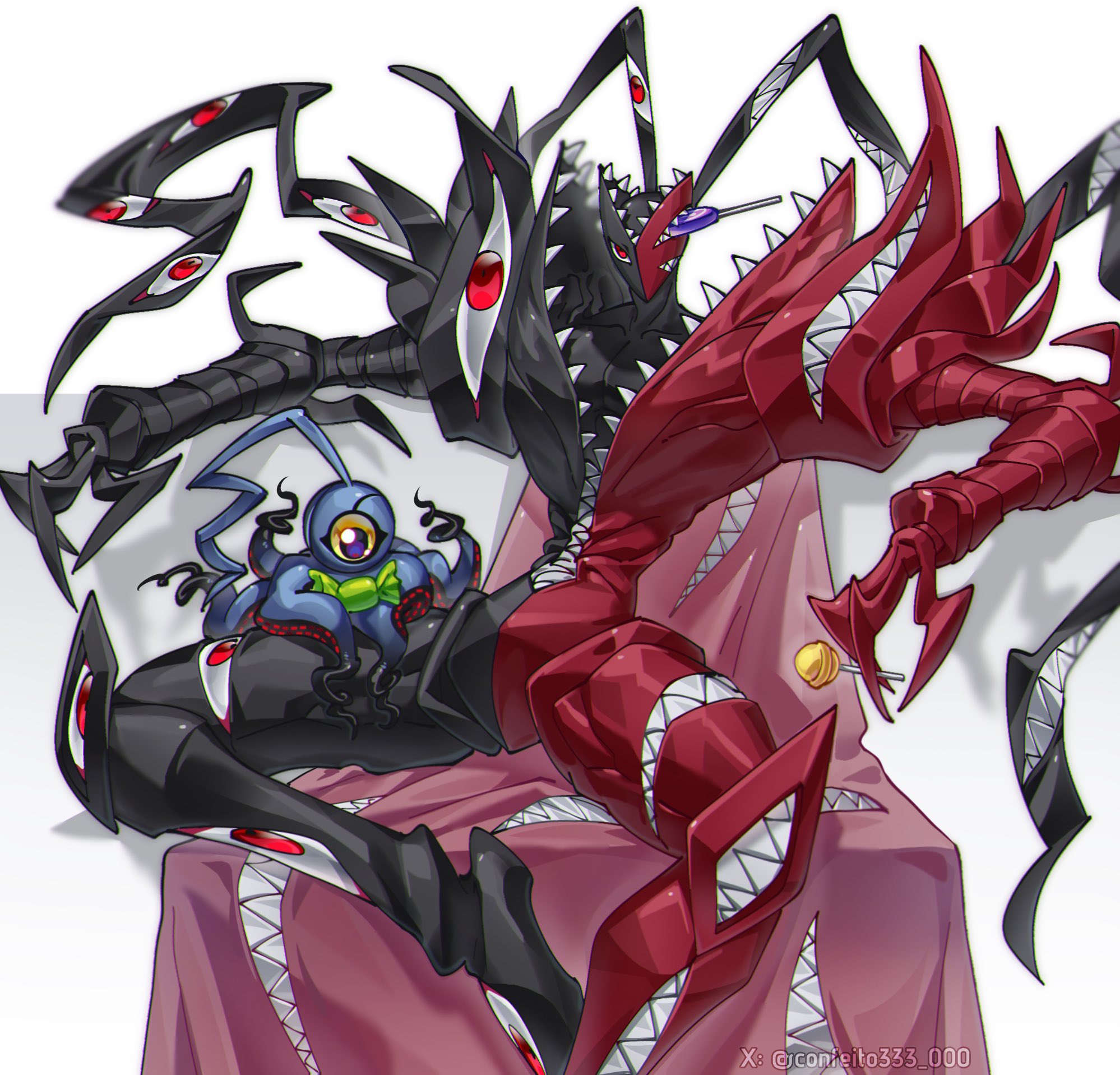 confeito000 333, abbadomon, abbadomon core, digimon, highres, black skin, candy, colored skin, digimon (creature), extra eyes, extra mouth, food, holding, holding candy, holding food, holding lollipop, invisible chair, lollipop, mouth hold, multicolored skin, negamon, red eyes, red skin, sharp teeth, simple background, sitting, solo focus, teeth, two-tone skin, white background