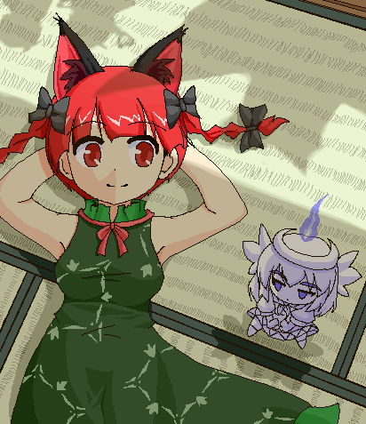 urushi, kaenbyou rin, komeiji koishi, komeiji satori, reiuji utsuho, zombie fairy (touhou), touhou, lowres, 2girls, animal ears, armpits, braid, cat ears, cat girl, female focus, lying, multiple girls, oekaki, on back, red eyes, red hair, short hair, sleeveless, twin braids, twintails, wings